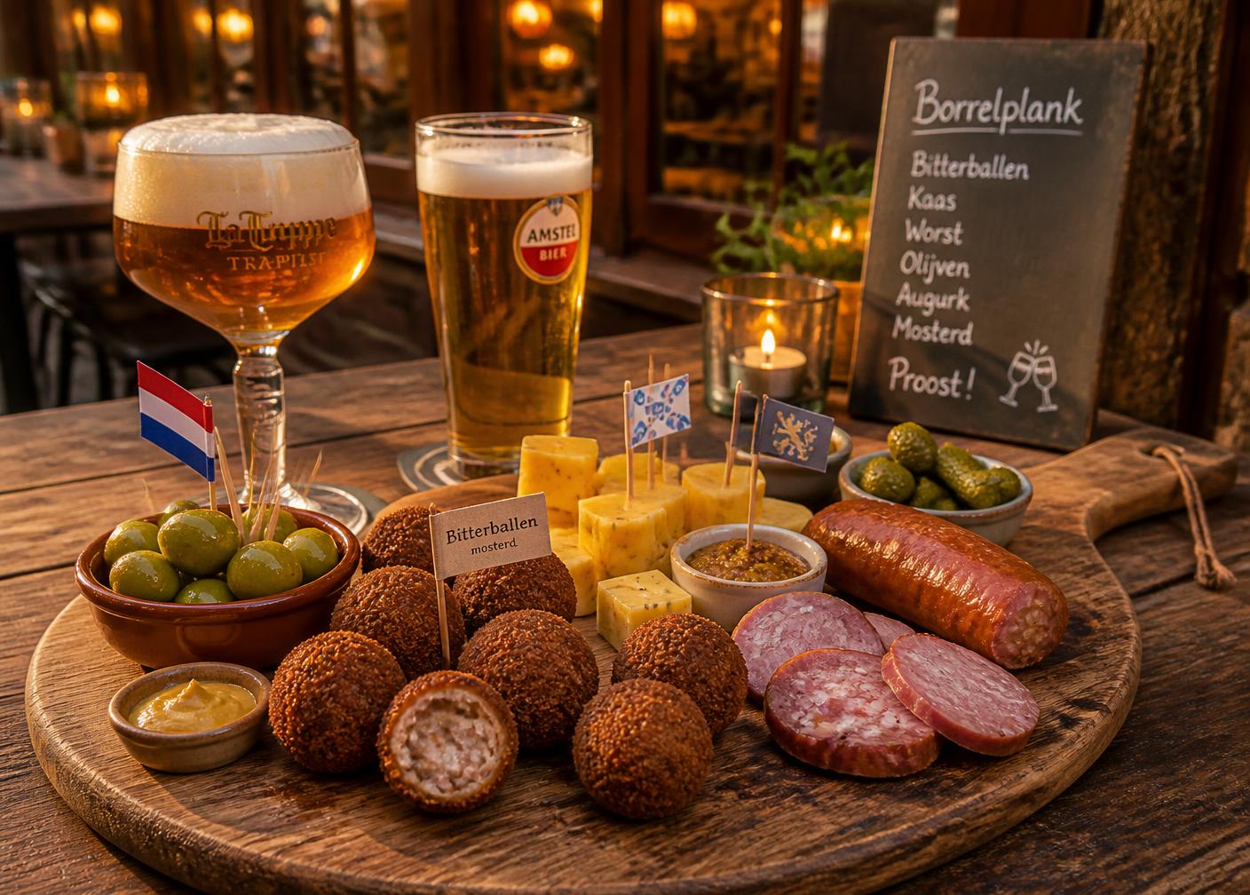 Borrelplank met bitterballen, kaas, worst en olijven