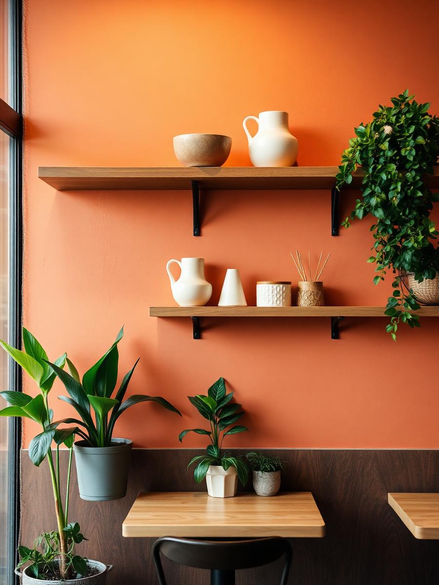 Detail van het interieur met terracotta wand en planten