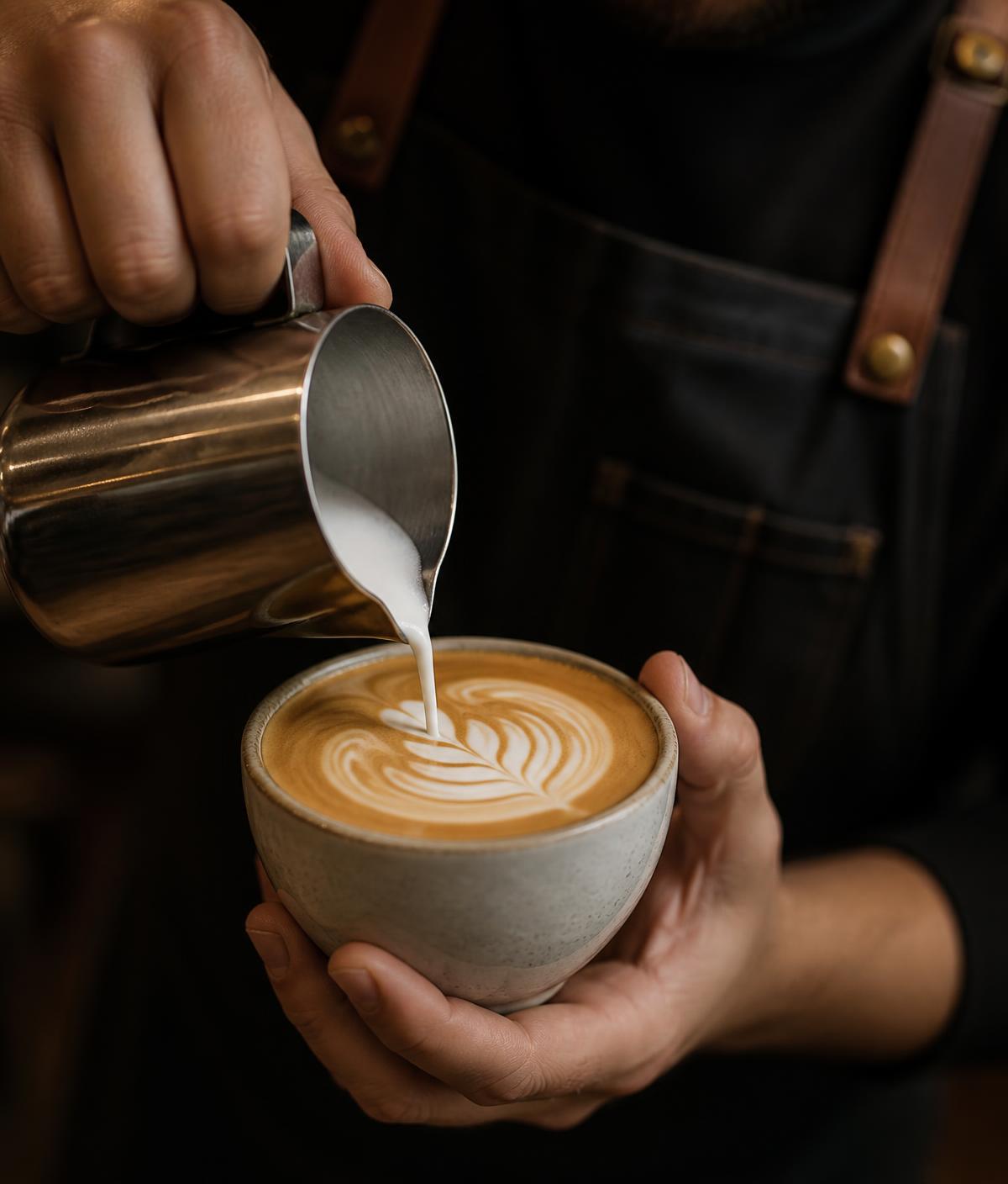 Barista schenkt melkschuim in een cappuccino